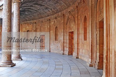 Circular walkway in the Central Courtyard at the Alhambra in Granada Spain.