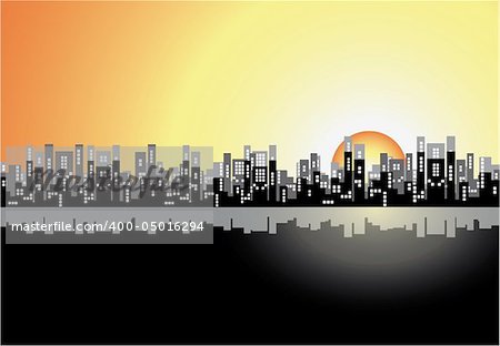 Illustration of city at sunset