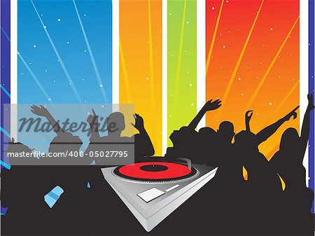 vector illustration of speakers, microphone, guitar, turntable, cassette on abstract musical backgrround