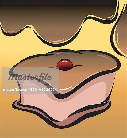 Illustration of a piece of cake with chocolate ad cherry