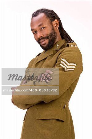 A Black man in a Army jacket isolated on a white background.