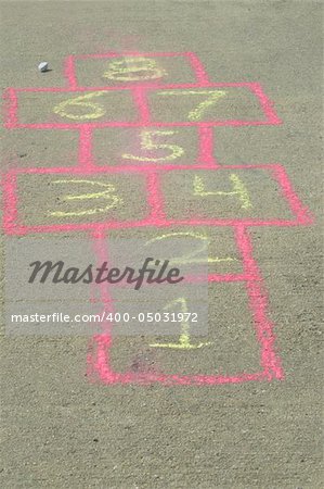 The sidewalk drawing game board of the childhood game of hopscotch.