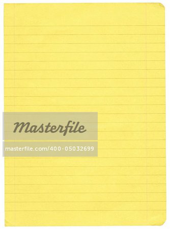 piece of yellow lined paper isolated on pure white background