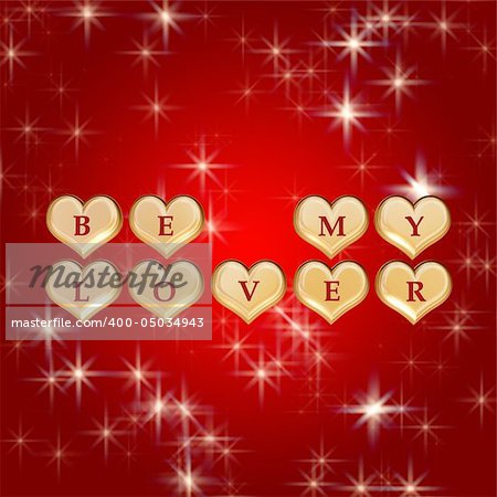 3d golden hearts, red letters, text - be my lover, background stars, lights