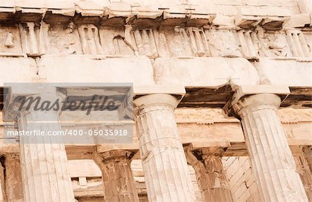 Close up view of Parthenon columns and facade at the Acropolis in Athens, Greece. c 5th century B.C.