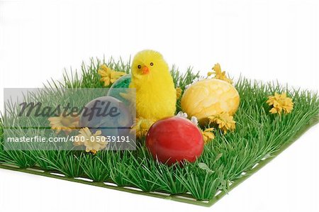 Easter chicks with Easter Eggs in green plastic Grass on white Background