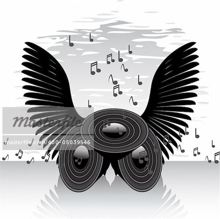 Vector illustration of black winged speakers on a reflective background