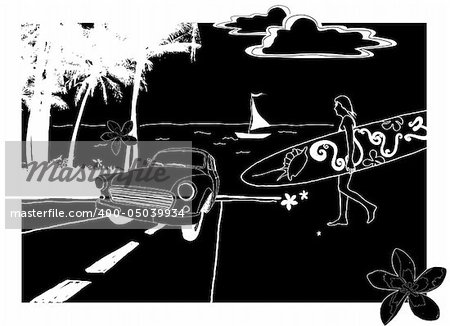Illustration of oldtimer and woman with surf. Vector