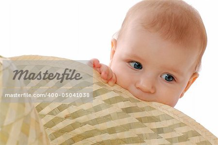 portrait of cute little baby, close up, white background