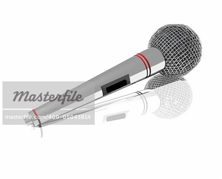 A close up of a 3D rendered microphone on a soft white reflective surface.