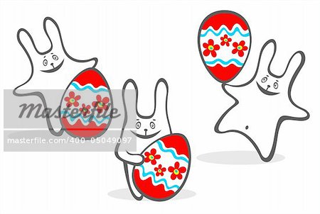 Three cheerful bunny with easter eggs isolated on a white background. Easter illustration.