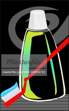 Illustration of tooth paste in tooth brush and mouthwash