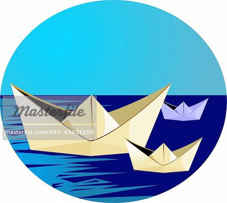 Illustration of paper playing boats at sea