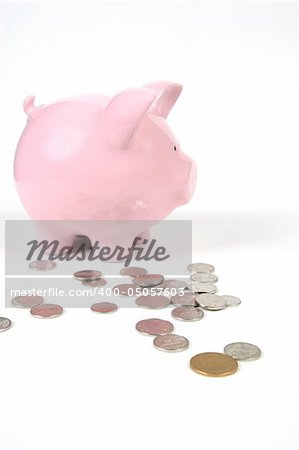 Pink Piggy Bank on isoalted on white background with coins