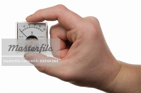Man's hand holds a voltmeter. Isolated on white [with clipping path].