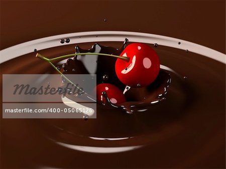 3d rendered illustration of falling cherries into molten chocolate