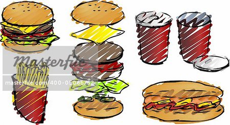 Fast food illustrations rough sketchy hand-drawn look