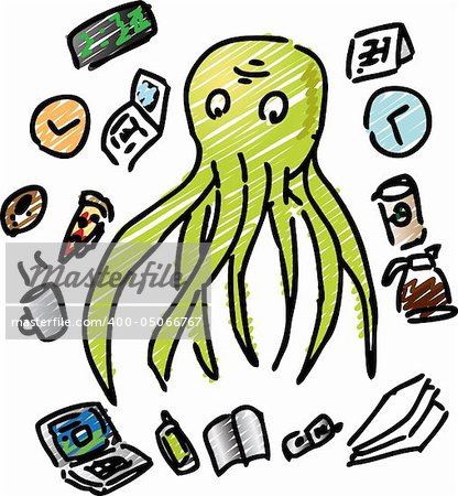 Comic illustration of an overworked octopus with too much going on at the same time