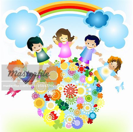 kids and planet; joyful illustration with planet earth, happy children and colorful flowers