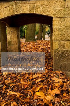 Autumn Leaves flow along a path through this small ornamental building