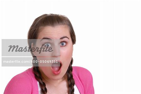 Excited pretty young brunette shouting, isolated on white