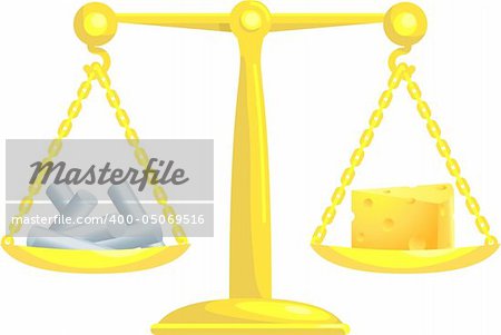 A concept vector illustration showing chalk and cheese on scales. Attempting to compare or balance chalk and cheese. Balancing conflicting priorities.