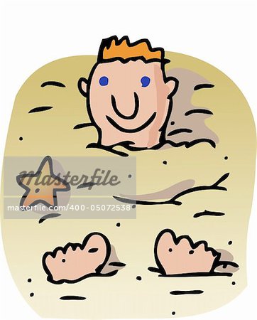 Boy on the beach buried in sand comic illustration