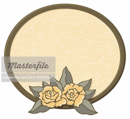 Decorative oval frame with roses in sepia tones.