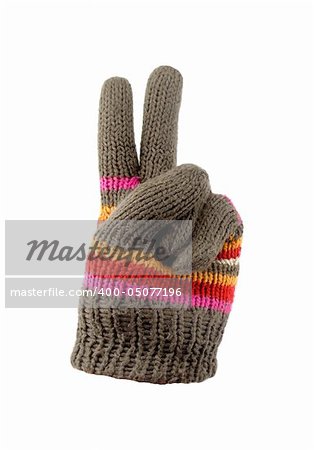 bright knitted gloves with peace sign. Isolated