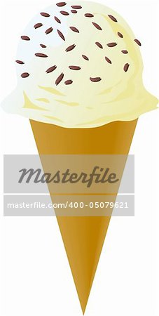 Fancy decorated ice cream cone, vanilla scoop with chocolate sprinkles, illustration