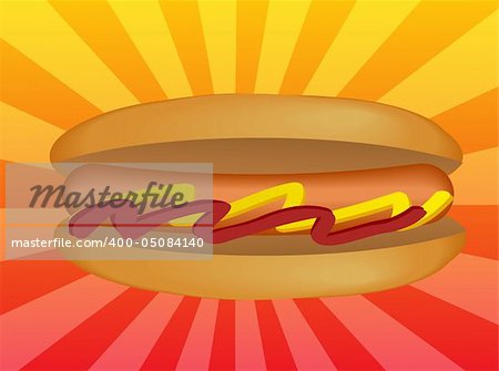 Hot dog illustration, sausage in bun with condiments