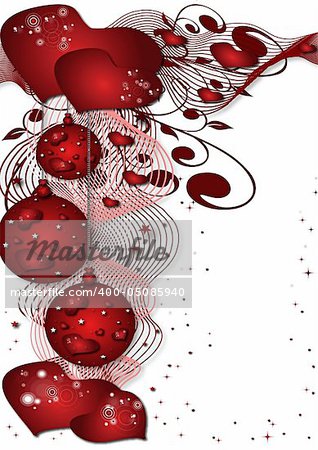 Valentines red  background with balls, hearts, stars and pattern