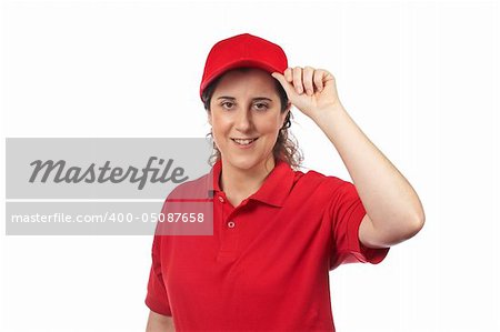 A pizza delivery woman isolated on white