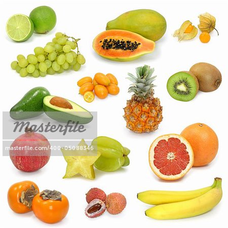exotic fruits collection on white