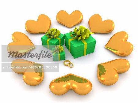 golden hearts around gifts. 3d