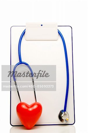 A medical chart, stethoscope and heart shape.