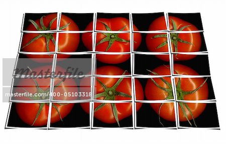 tomato on black background puzzle collage cut out composition over white