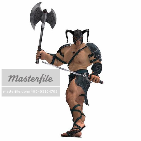 Muscular Barbarian Fight with Sword and Axe. With Clipping Path