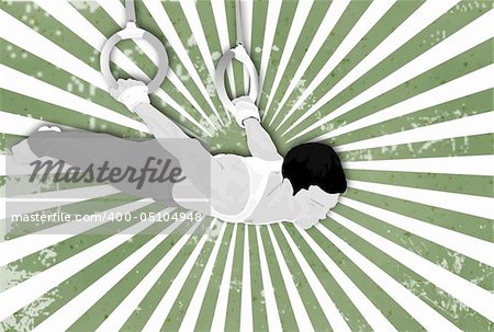 Grunge illustration of a man doing gymnastic routine on the rings