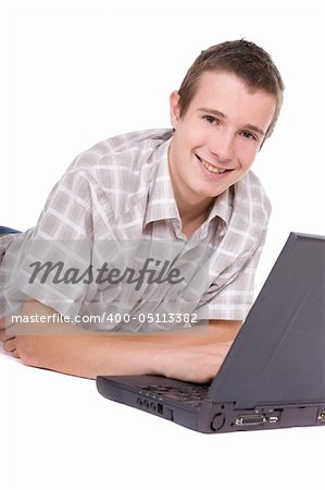 casual teenager with laptop. over white background