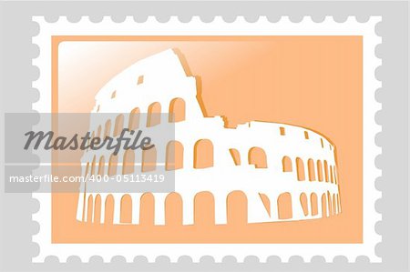 Illustration. Colosseum Amphitheater in Rome - famous Italy landmark. Postage stamp.