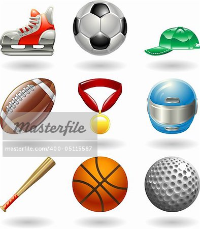 Series set of shiny colour icons or design elements related to sports