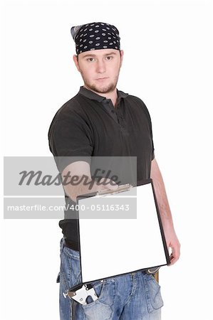 workman with tools over white background