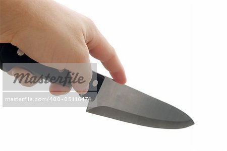 Hand holding a knife isolated on white