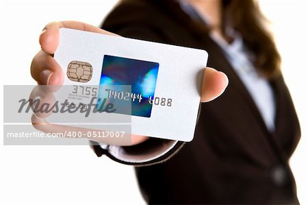 businesswoman showing visa credit card - credit card number and date are false