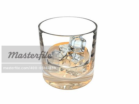 An isolated glass of whiskey on the rocks on white background