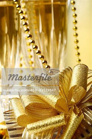 holiday card - golden champagne and gift