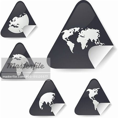 World map icons on triangle sticker shapes