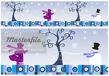 Girl and snowman in a winter day. Vector available