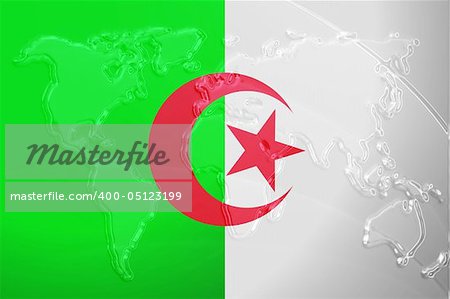 Flag of Algeria, national country symbol illustration with world map, metallic embossed look